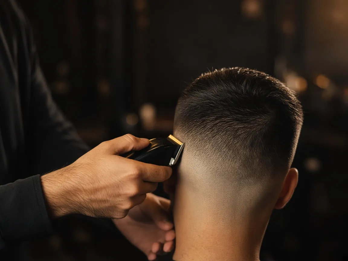 A barber blending a skin fade with clippers