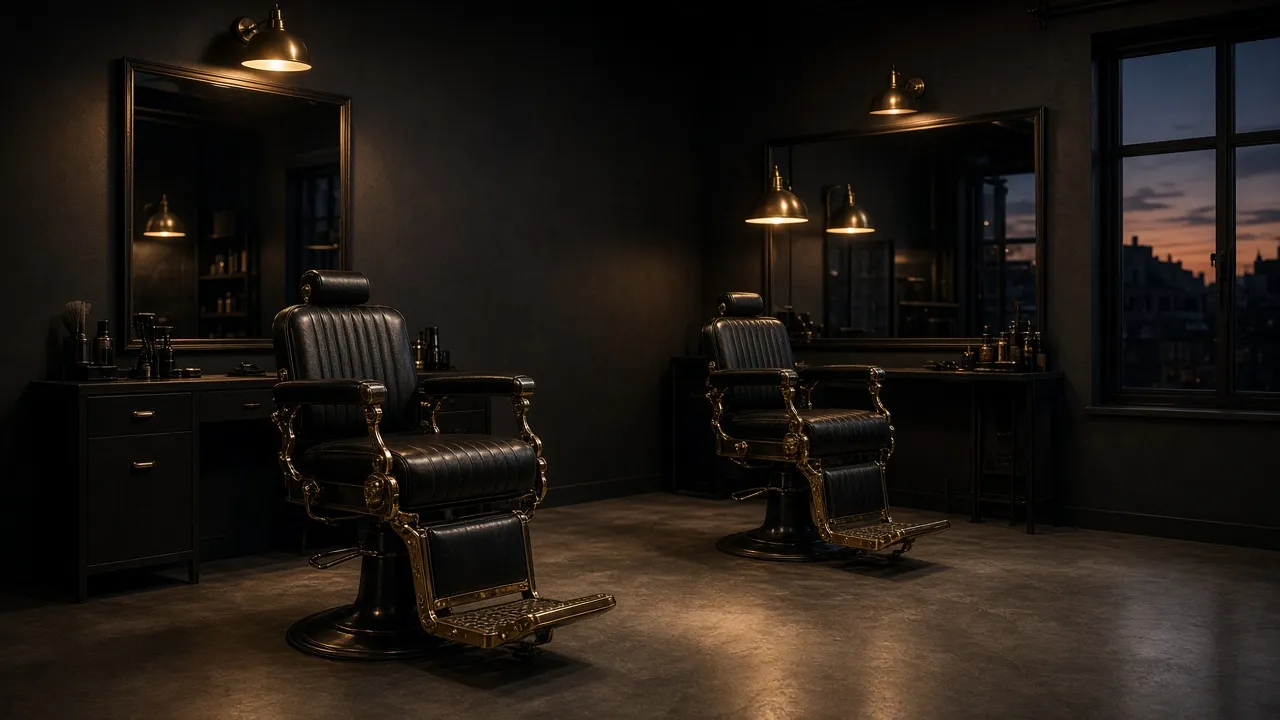 Two vintage leather barber chairs under brass lamps in the Ironside shop at dusk