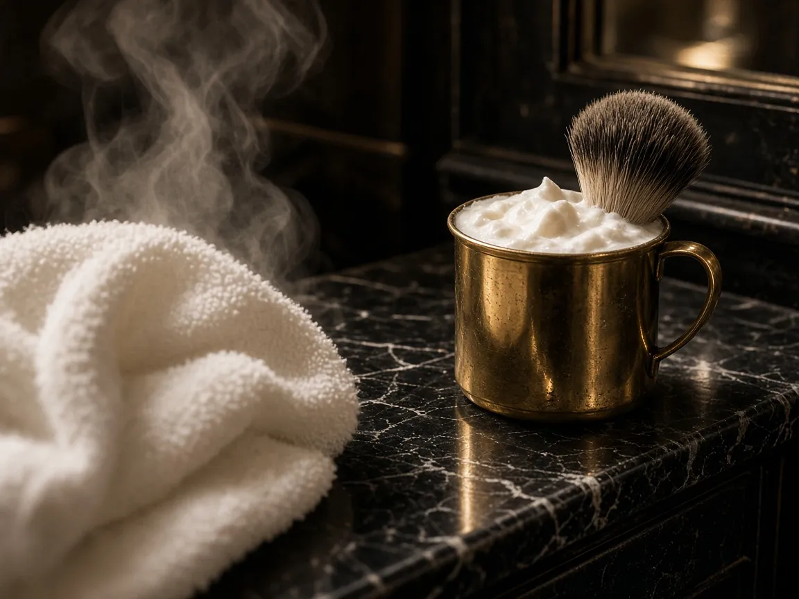 Steaming towel beside a brass shaving mug with lather