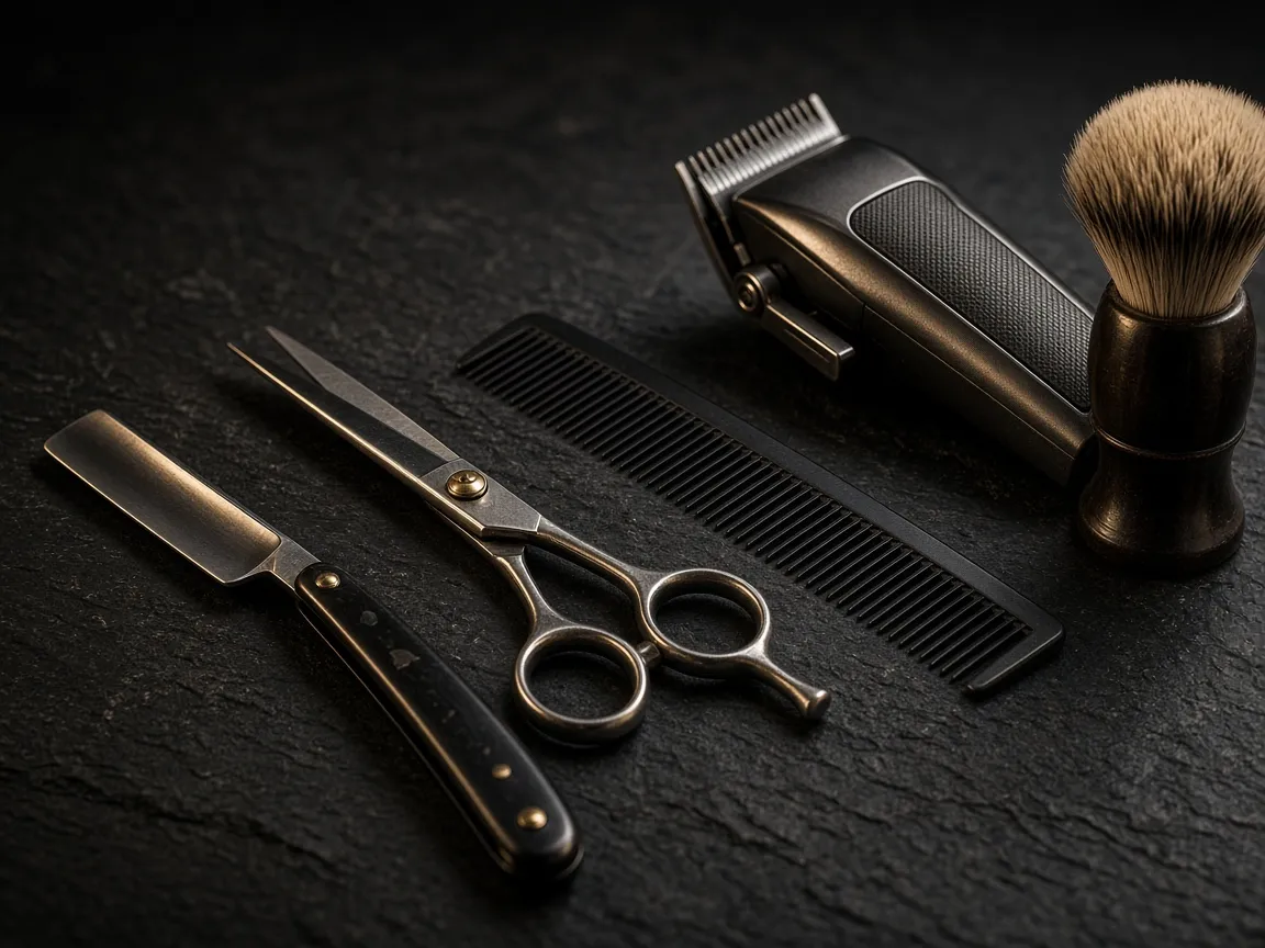 Straight razor, scissors, comb, clippers and shaving brush on slate